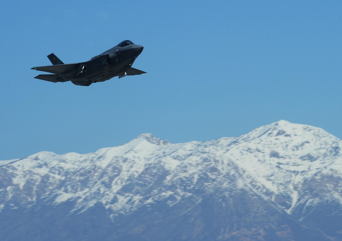 An F-35A Lightning II joint strike fighter takes off from Hill Air Force Base, Utah, March 14, 2014. After getting upgrades, the F-35A is on its way back to Nellis Air Force Base, Nev. Air Force photo by Airman 1st Class Joshua D. King