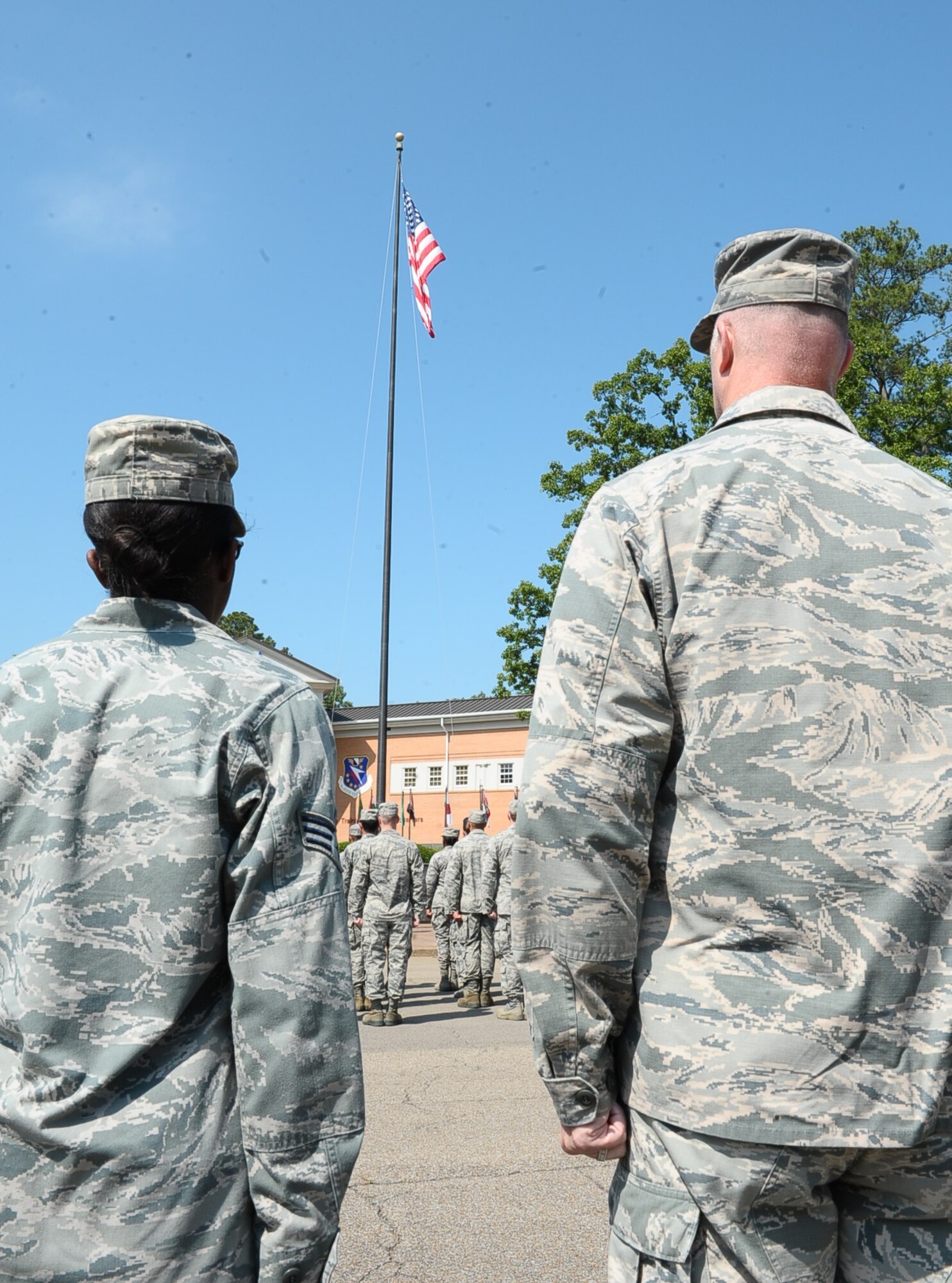 Airmen and civilians gather around Smith Plaza for the Memorial Day Retreat Ceremony May 26 at Columbus Air Force Base, Mississippi. Memorial Day, observed on the last Monday of May, honors men and women who died while serving in the U.S. military. (U.S. Air Force photo/Senior Airman Kaleb Snay)