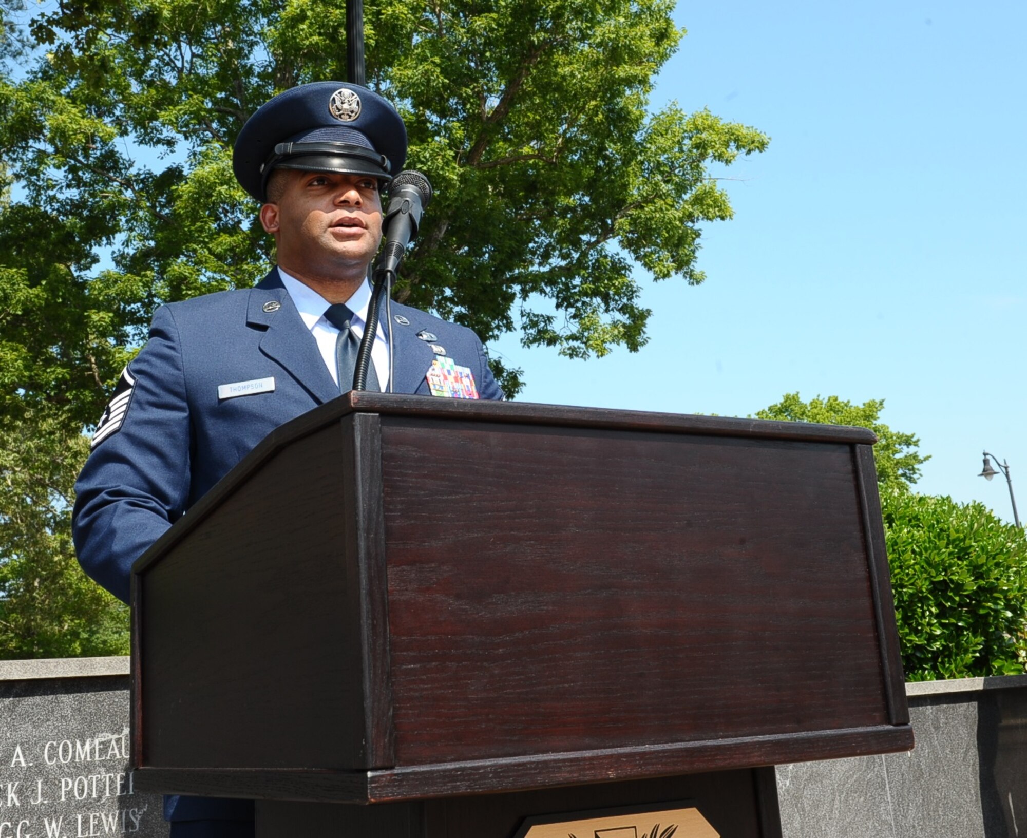 Master Sgt. Christopher Thompson, 14th Flying Training Wing Chaplain Assistant, speaks to attendees during the Memorial Day Retreat Ceremony May 26 at Columbus Air Force Base, Mississippi. Memorial Day was originally known as Decoration Day, originating in the years following the Civil War and became an official federal holiday in 1971. (U.S. Air Force photo/Senior Airman Kaleb Snay)