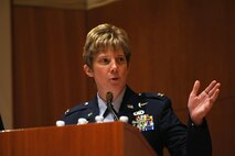 Col. Leah G. Lauderback, former National Air and Space Intelligence Center commander, speaks during the Center’s change of command ceremony at Wright-Patterson Air Force Base, Ohio, May 26. Lauderback will move on to serve as the Principal Military Assistant to the Under Secretary of Defense for Intelligence, Office of the Secretary of Defense. (U.S. Air Force photo/Senior Airman Matthew Lotz)