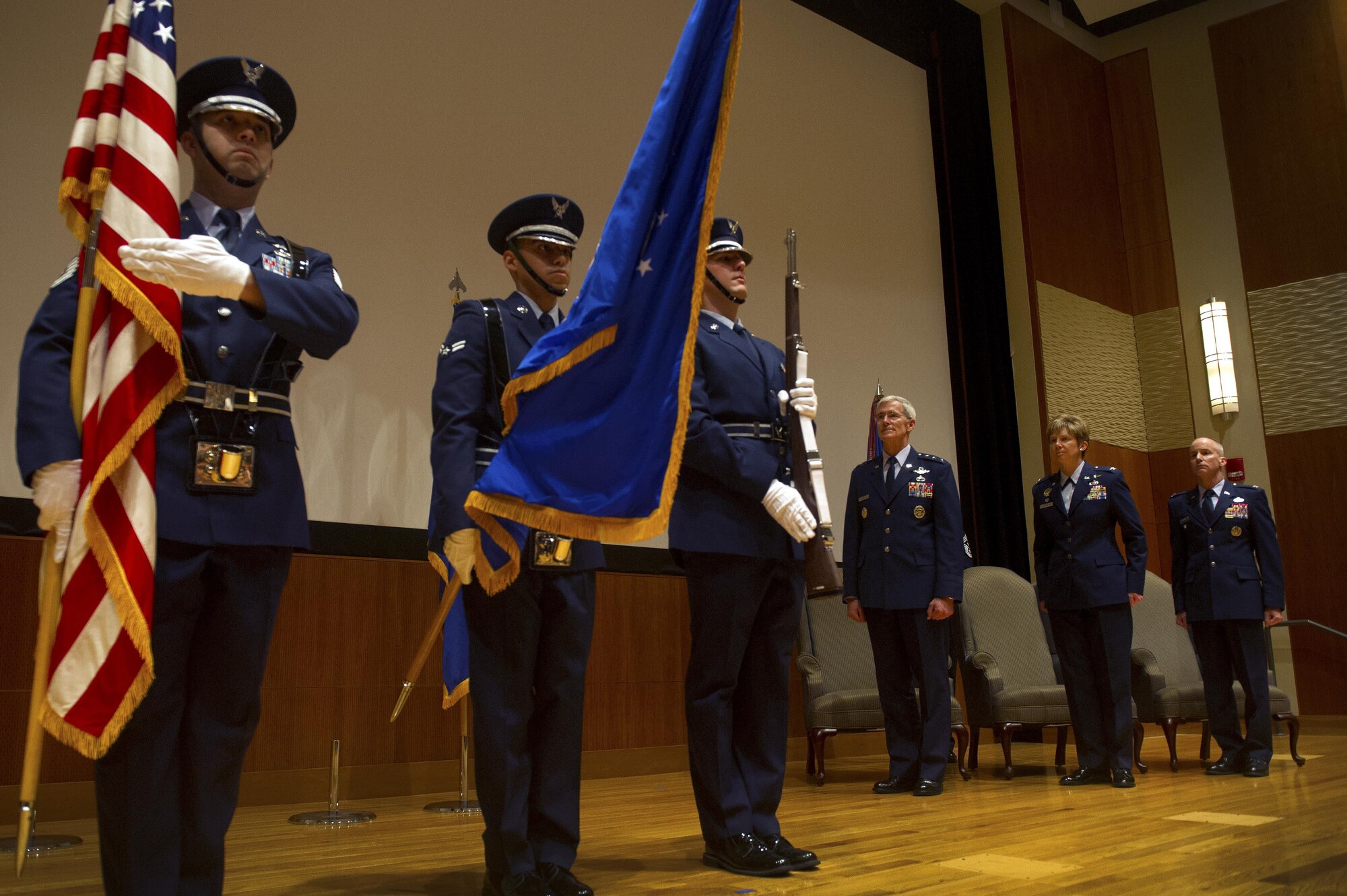 Members of the National Air and Space Intelligence Center’s Color Guard  post the colors during the Center’s change of command at Wright-Patterson Air Force Base, Ohio, May 26. Hundreds of NASIC personnel attended the ceremony to watch as Col. Sean P. Larkin became the Center’s newest commander. (U.S. Air Force photo/Senior Airman Matthew Lotz)