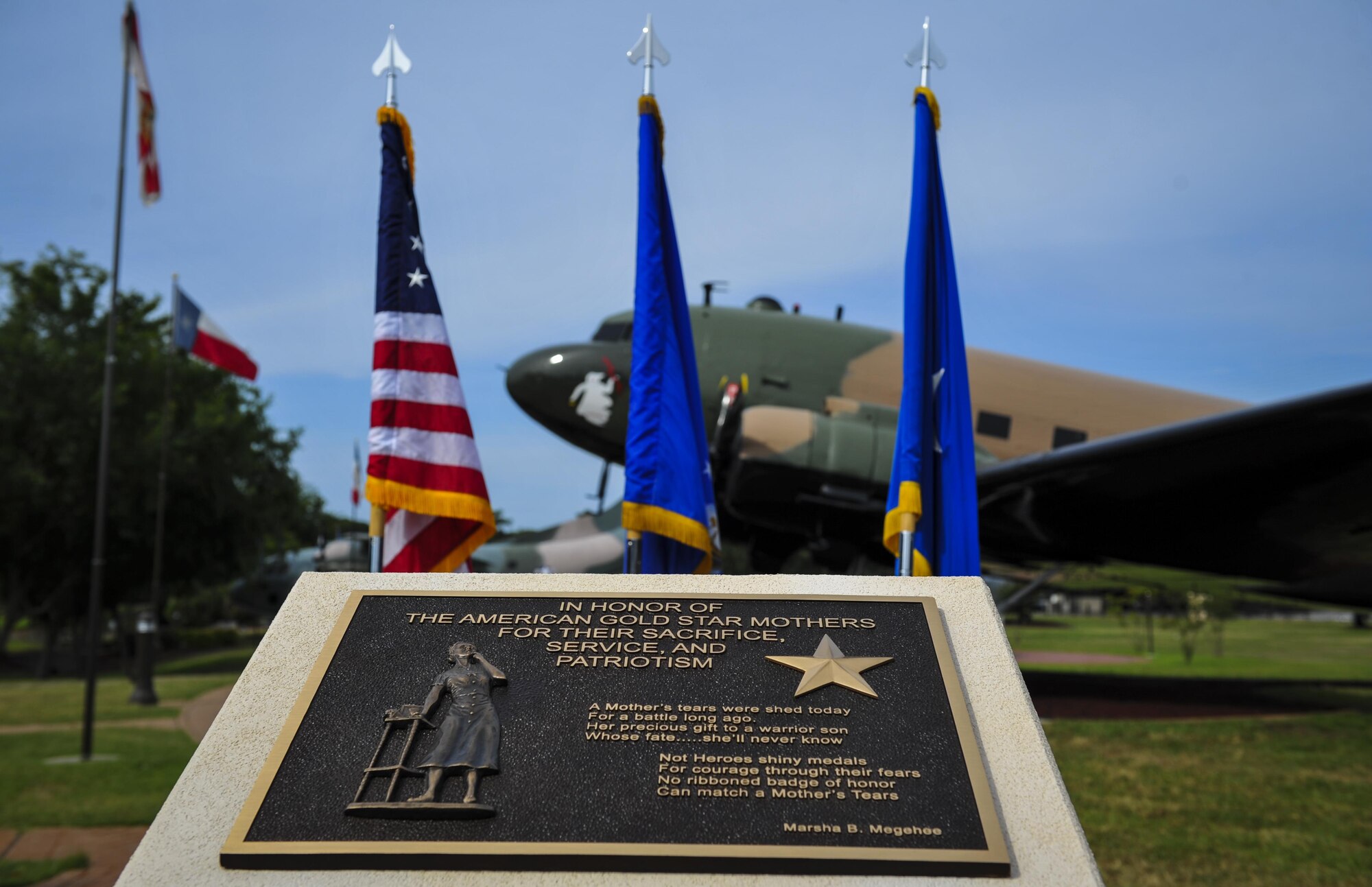 The Gold Star Mothers plaque is unveiled at the Hurlburt Field Air Park, May 25, 2016. The plaque was presented to Lt. Gen. Brad Heithold, commander of Air Force Special Operations Command, by George Turak, a Vietnam veteran, during a ceremony held Sept. 18, 2015, to honor the family members of AFSOC’s fallen service members. (U.S. Air Force photo by Airman 1st Class Joseph Pick)