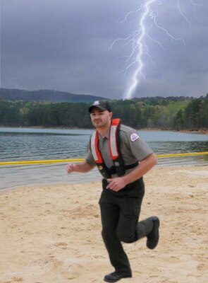 Illustration of Park Ranger Newcomb during a lightning near water. 