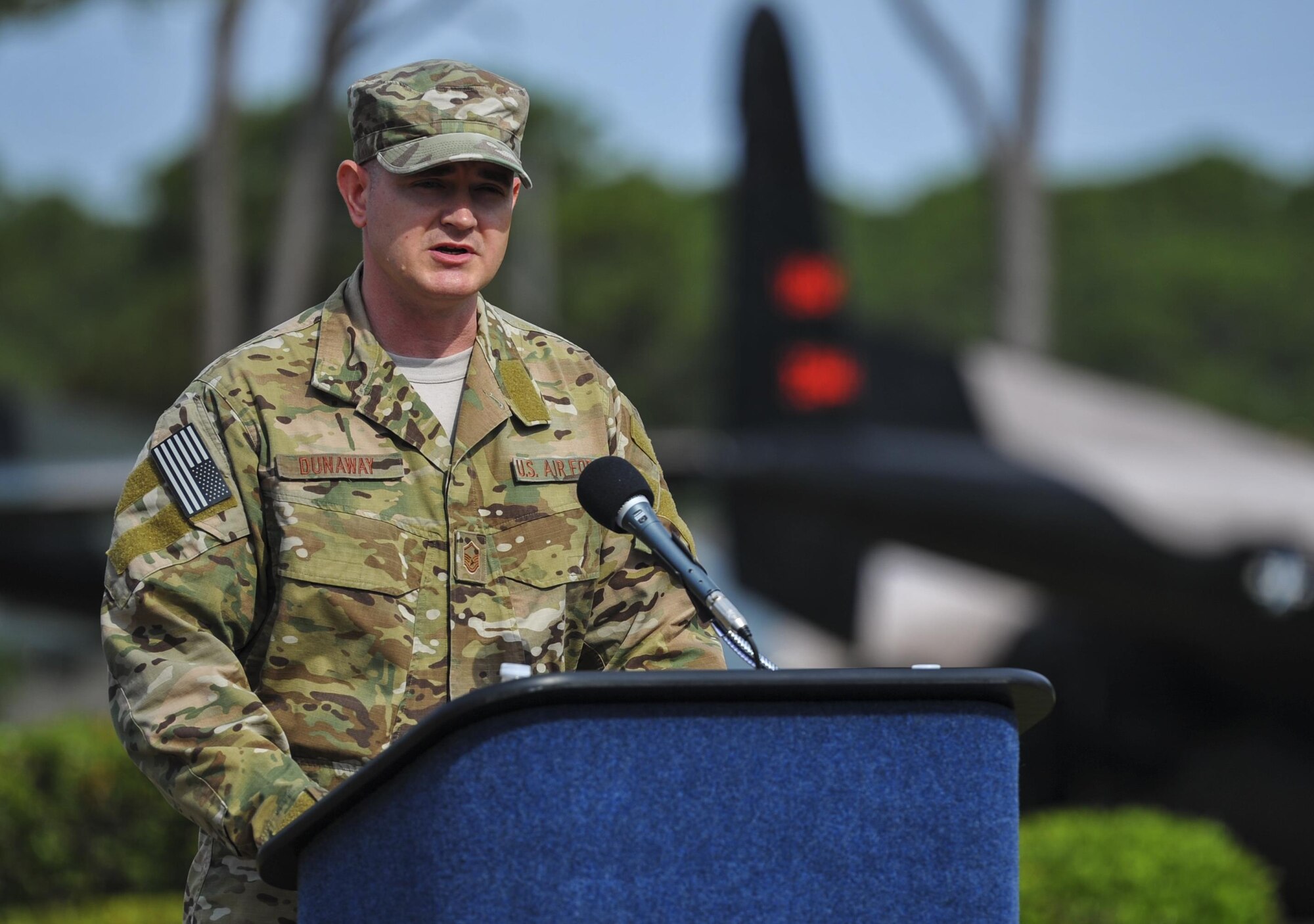 Master Sgt. John Dunaway, the commander’s action group superintendent with Air Force Special Operations Command, speaks during the Gold Star Mothers plaque dedication ceremony at Hurlburt Field, Fla., May 25, 2016. The plaque was presented to Lt. Gen. Brad Heithold, commander of AFSOC, by George Turak, a Vietnam veteran, during a ceremony held Sept. 18, 2015, to honor the family members of AFSOC’s fallen service members. (U.S. Air Force photo by Airman 1st Class Joseph Pick)
