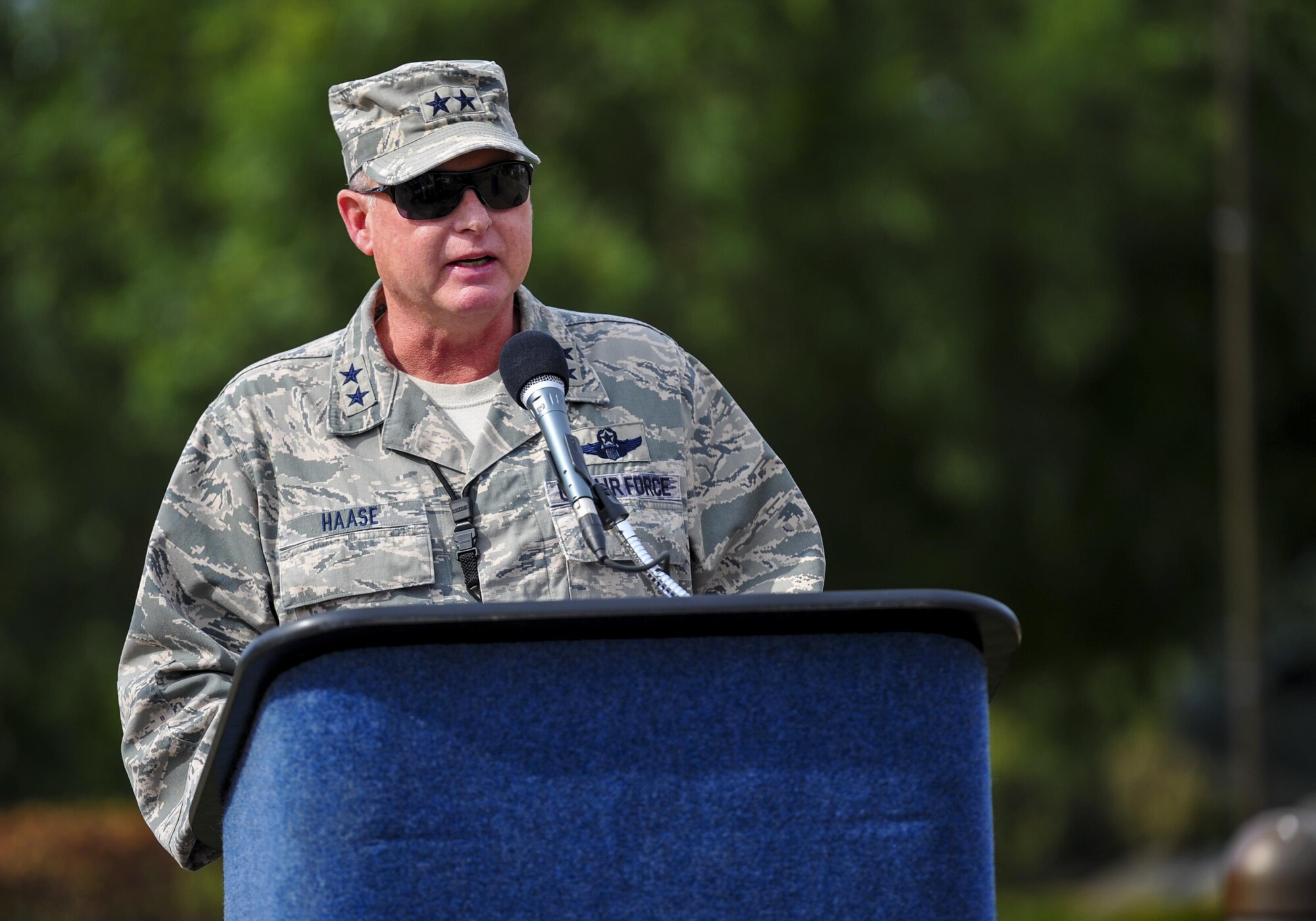 Maj. Gen. Eugene Haase, the vice commander of Air Force Special Operations Command, speaks during the Gold Star Mothers plaque dedication ceremony at Hurlburt Field, Fla., May 25, 2016. The plaque was presented to Lt. Gen. Brad Heithold, commander of AFSOC, by George Turak, a Vietnam veteran, during a ceremony held Sept. 18, 2015, to honor the family members of AFSOC’s fallen service members. (U.S. Air Force photo by Airman 1st Class Joseph Pick)
