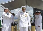 160525-N-LY160-246 JOINT BASE PEARL HARBOR-HICKAM, Hawaii (May 25, 2016) Commander Benjamin J. Selph, commanding officer, Los Angeles-class fast-attack submarine USS Olympia (SSN 717), salutes sideboys during a change-of-command ceremony in Joint Base Pearl Harbor-Hickam. (U.S. Navy photo by Mass Communication Specialist 2nd Class Michael H. Lee)