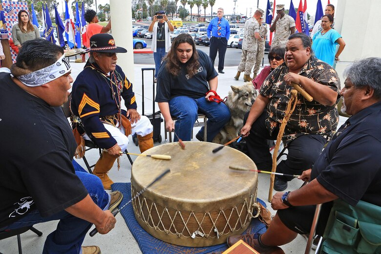 CAMP PENDLETON, Calif. -- Native American Drum players perform during Camp Pendleton's Multi-Cultural Day at the Mainside Patio here, May 26. More than 40 Marines and civilians with Marine Corps Installations - West, 1st Marine Division, 1st Marine Logistics Group and I Marine Expeditionary Force set up booths and exhibits in order to foster a sense of unity among the diverse groups serving within the military.