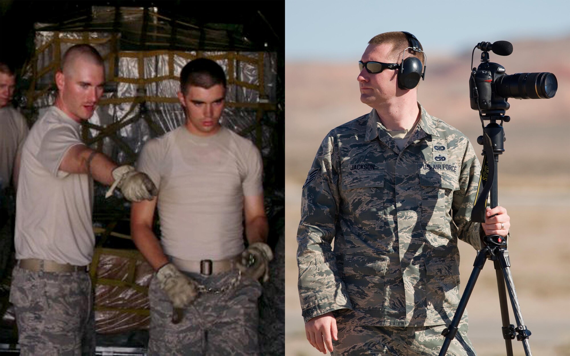 (Left) Airman 1st Class Russ Jackson during his air transportation technical training. (Courtesy Photo)

(Right) Staff Sgt. Russ Jackson, 325th Fighter Wing Public Affairs broadcaster, films on the flightline Feb. 5, at Nellis Air Force Base, Nev. Jackson was among 200 Tyndall Airmen that traveled to Nellis for Red Flag 16-1, a joint-training, full-spectrum readiness exercise designed to provide the most realistic combat training possible. (U.S. Air Force photo by Senior Airman Alex Fox Echols III)  
