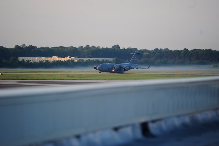 A C-17 Globemaster III prepares for takeoff during a large formation exercise as part of Crescent Reach 16, May 26, 2016, at Joint Base Charleston, S.C. The exercise tested JB Charleston’s ability to launch a large aircraft formation and mobilize a large amount of cargo and passengers. (U.S. Air Force Photo by Airman 1st Class Kevin J. West)