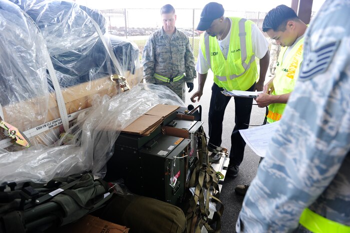 Members of the 437th Aerial Port Squadron inspect a pallet loaded with gear and supplies during a mobility exercise May 24, 2016, at Joint Base Charleston S.C. The mobility portion is part of a larger exercise, Crescent Reach 2016.  The exercise tests the 437th Airlift Wing’s and the 628th Air Base Wing’s ability to deploy passengers and cargo as well as launch a large aircraft formation  in response to a worldwide crisis. (U.S. Air Force Photo by Airman 1st Class Kevin J. West)