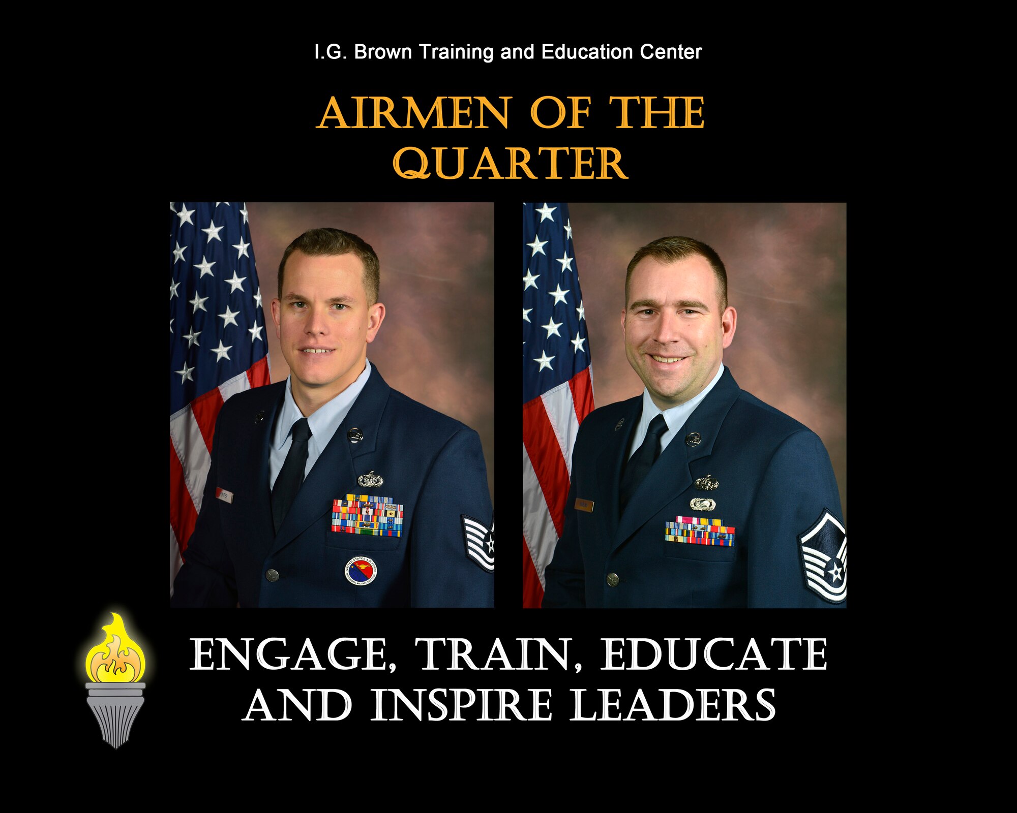 Tech. Sgt. Joseph Hunter, NCO of the quarter, and Master Sgt. Jerry Harlan, senior NCO of the quarter, are recognized for their outstanding service from January to March 2016, at the I.G. Brown Training and Education Center located on McGhee Tyson Air National Guard Base in Louisville, Tenn. (U.S. Air National Guard file photo illustration/Released)