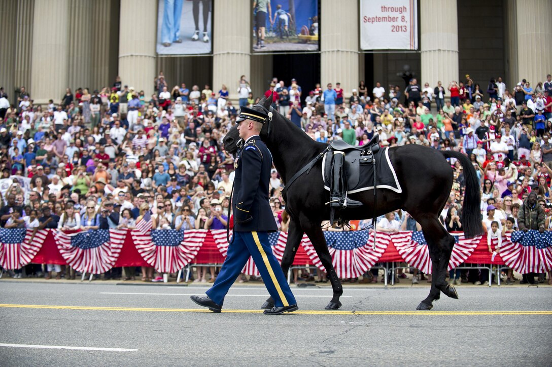 A soldier from the 3rd U.S. Infantry Regiment, known as "The Old Guard," leads a riderless horse during the Memorial Day parade in Washington, D.C., May 27, 2013. The riderless horse carries a soldier's boots reversed in the stirrups. Army photo by Staff Sgt. Teddy Wade