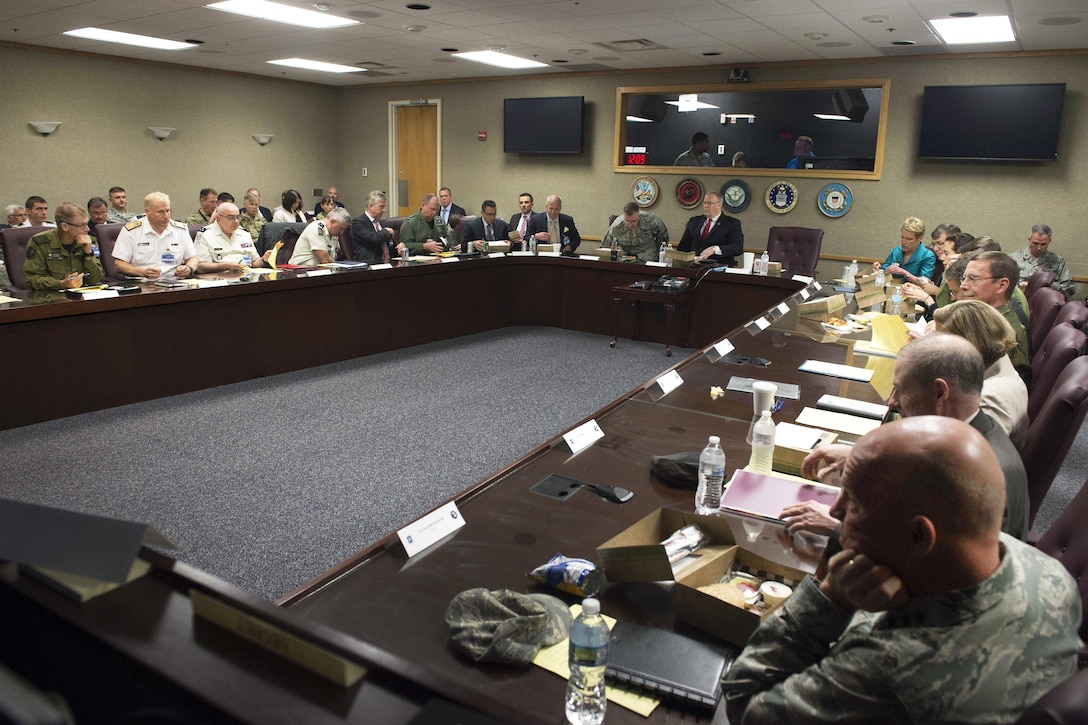 Deputy Defense Secretary Bob Work receives a briefing on Schriever Wargame 2016 at Maxwell Air Force Base, Ala., May 25, 2016. DoD photo by Navy Petty Officer 1st Class Tim D. Godbee
