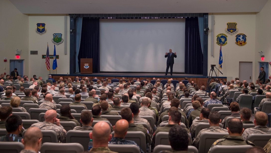 Deputy Defense Secretary Bob Work speaks to students attending the Air Command and Staff College at Maxwell Air Force Base, Ala., May 26, 2016. DoD photo by Navy Petty Officer 1st Class Tim D. Godbee