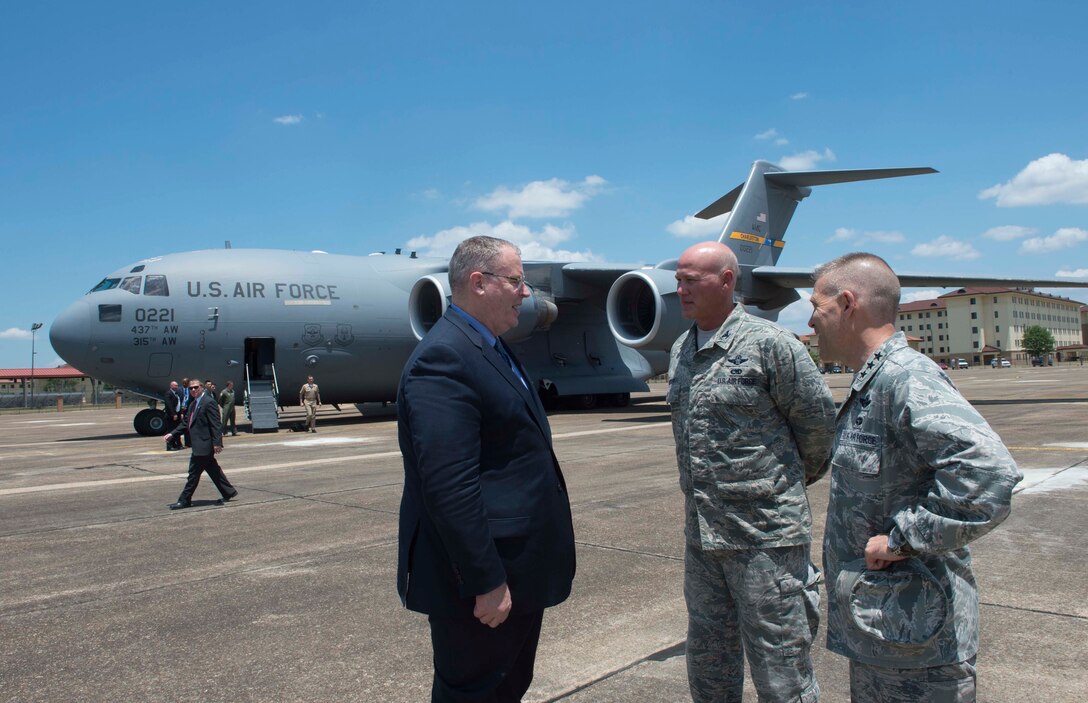 Deputy Defense Secretary Bob Work talks with Air Force officers before departing from Maxwell Air Force Base, Ala., May 26, 2016. DoD photo by Navy Petty Officer 1st Class Tim D. Godbee