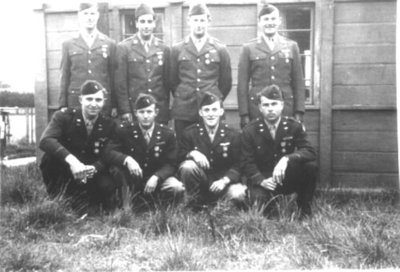 Former Staff Sgt. Lewis Herron, top left, poses with the rest of his crew from the “Heaven Sent” B-17 Flying Fortress while stationed with the 100th Bombardment Group at Royal Air Force Thorpe Abbots, England, during 1944 and 1945. To this day, the 100th Air Refueling Wing’s KC-135 Stratotankers still carry the square D designation on their tails, in honor of their heritage with the 100th BG. (Courtesy photo/100th Bomb Group Foundation)