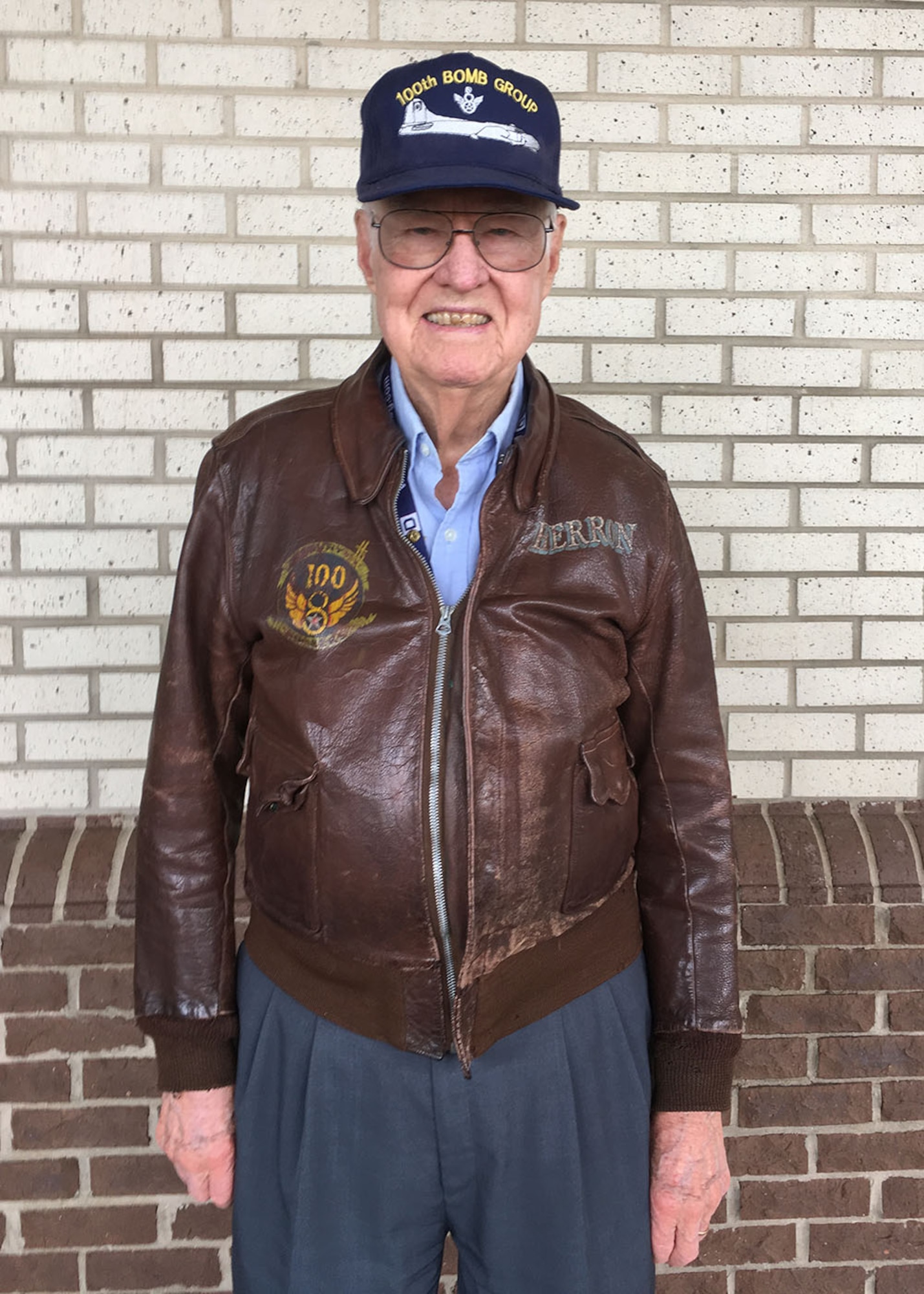 Lewis Herron, 100th Bombardment Group veteran and former staff sergeant with the 350th Bomb Squadron at Thorpe Abbots, England, during World War II, poses for a photograph April 20, 2016, in North Carolina, USA. Herron was a tail gunner on “Heaven Sent,” a B-17 Flying Fortress. The heritage of the 100th Air Refueling Wing began with the 100th BG and the Bloody Hundredth. (Courtesy photo by Timothy McGinnis/Released)