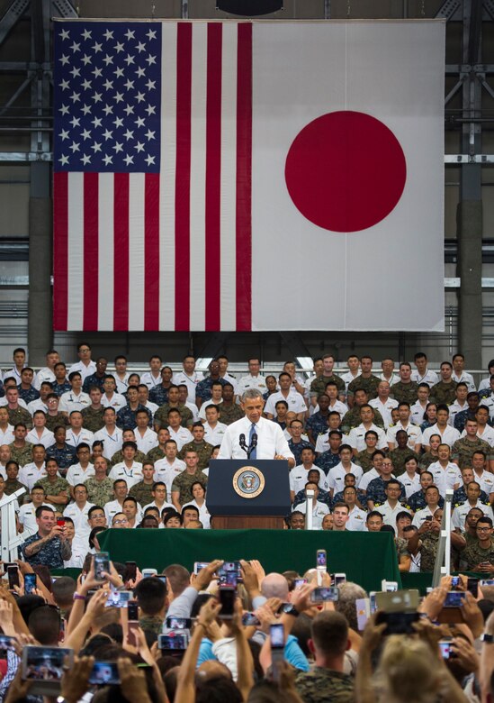President Barack Obama addresses service members and their families at Marine Corps Air Station Iwakuni, Japan, May 27, 2016. Obama is scheduled to visit the Hiroshima Peace Memorial Park and will be the highest ranking U.S. government official to do so in history. (U.S. Marine Corps photo by Cpl. Justin Fisher/Released)