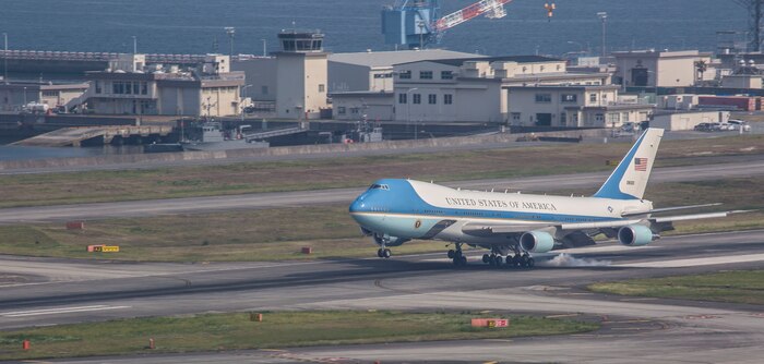 Air Force One lands at Marine Corps Air Station Iwakuni, Japan, May 27, 2016. President Barack Obama visited MCAS Iwakuni and spoke with service members and their families after the Ise-Shima Group of Seven Summit meeting. The G7 Summit is a meeting of the leaders of the G7 countries which include: Japan, the United States, the United Kingdom, France, Germany, Italy, and Canada. (U.S. Marine Corps photo by Cpl. Nathan Wicks/Released)