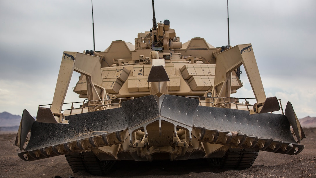 An Assault Breacher Vehicle with 2nd Combat Engineer Battalion, 2nd Marine Division, idles in the Black Top Training Area aboard Marine Corps Air Ground Combat Center Twentynine Palms, Calif., May 17, 2016. Various units from 2nd Marine Division participated in Integrated Training Exercise 3-16 in preparation for their deployment with Special Purpose Marine Air Ground Task Force-Crisis Response-Africa. 