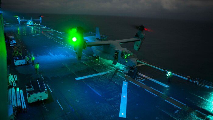 An MV-22B Osprey with Marine Medium Tiltrotor Squadron 264 (Reinforced), 22nd Marine Expeditionary Unit (MEU), boards the USS Wasp (LHD-1), to bring Marines back from a tactical recovery of aircraft and personal mission May 19, 2016. The 22nd MEU and Amphibious Squadron Six (PHIBRON-6) are underway for composite training unit exercise (COMPTUEX). 