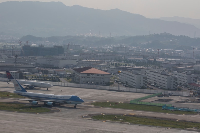 Air Force One lands at Marine Corps Air Station Iwakuni, Japan, May 27, 2016. President Barack Obama visited MCAS Iwakuni and spoke with service members and their families after the Ise-Shima Group of Seven Summit meeting. The G7 Summit is a meeting of the leaders of the G7 countries which include: Japan, the United States, the United Kingdom, France, Germany, Italy, and Canada. (U.S. Marine Corps photo by Cpl. Nathan Wicks/Released)