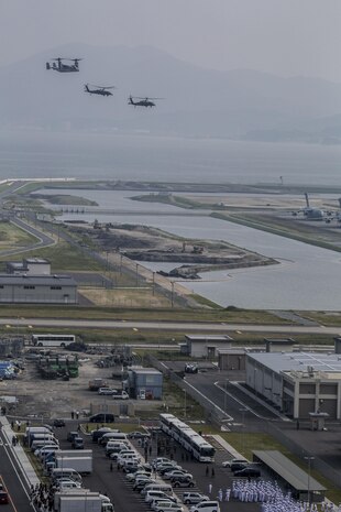 Marine Helicopter Squadron One (HMX-1) departs Marine Corps Air Station Iwakuni, Japan, May 27, 2016. Obama visited MCAS Iwakuni and spoke with service members and their families after the Ise-Shima Group of Seven Summit meeting. (U.S. Marine Corps photo by Cpl. Nathan Wicks/Released)