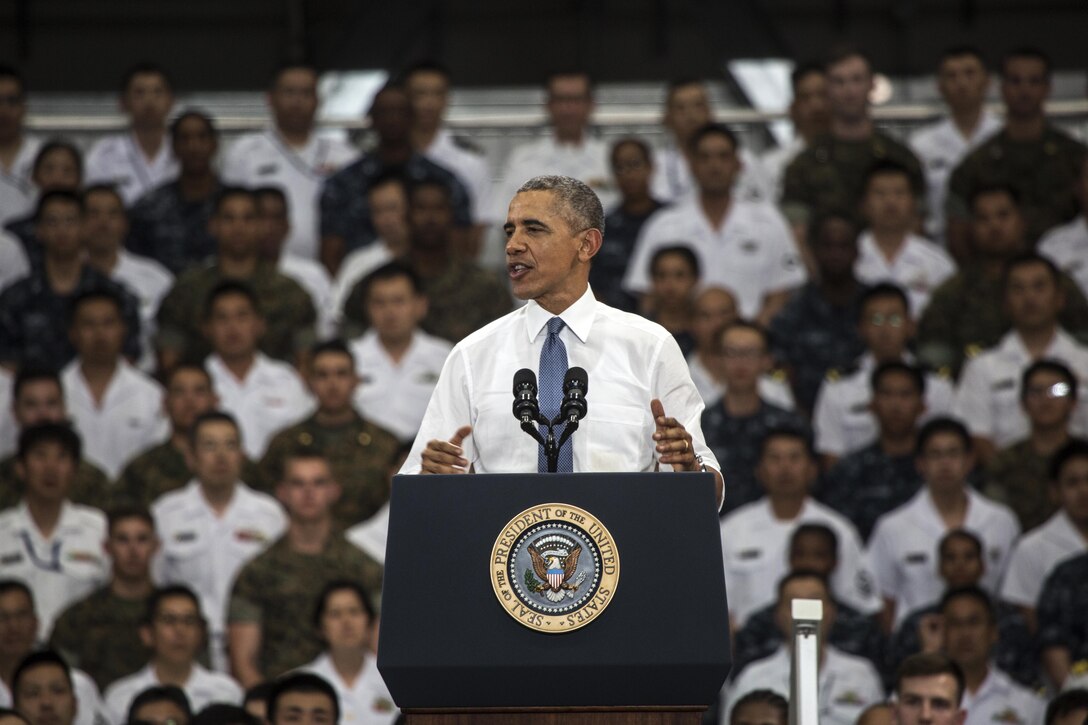 President Barack Obama addresses service members and their families at Marine Corps Air Station Iwakuni, Japan, May 27, 2016. Obama is scheduled to visit the Hiroshima Peace Memorial Park and will be the highest ranking U.S. government official to do so in history. (U.S. Marine Corps photo by Cpl. Justin Fisher/Released)