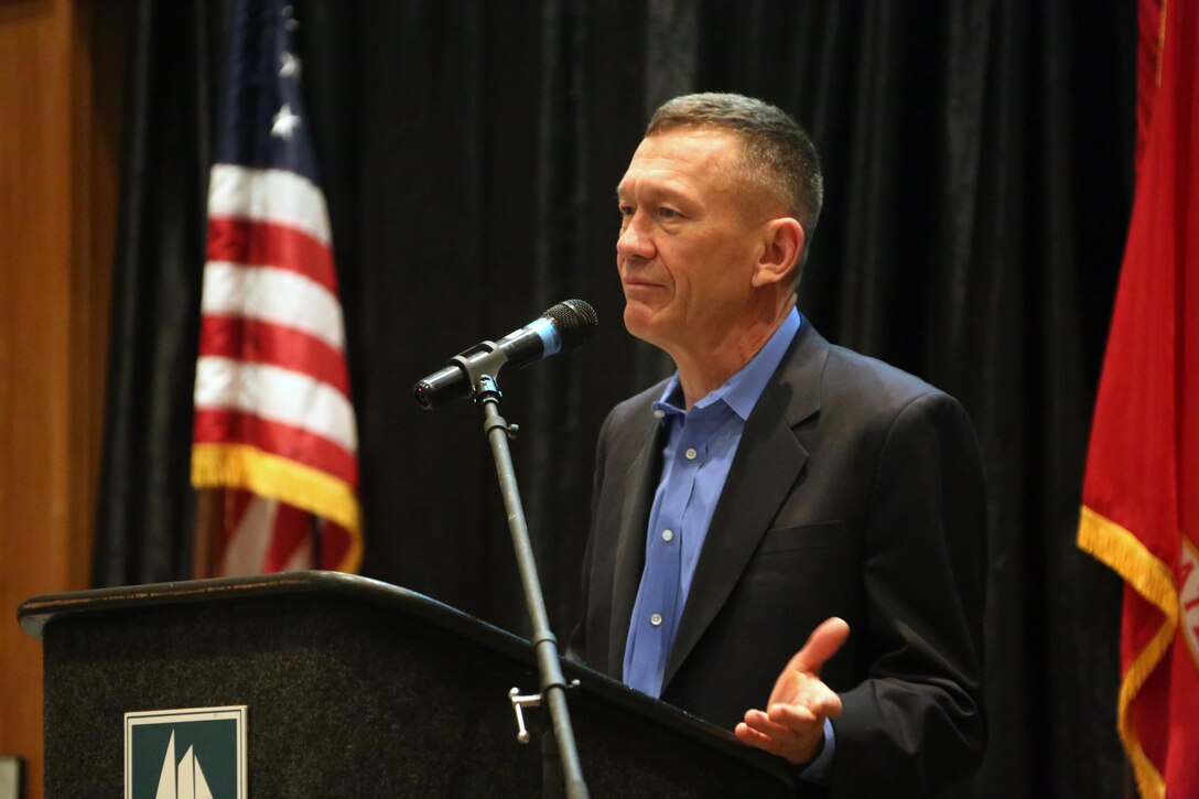 Lt. Gen. Jon M. Davis, the Marine Corps deputy commandant for aviation, addresses attendees during the 45th Annual Marine Corps Aviation Association Symposium and Marine Aviation Summit at New Bern, N.C., May 17, 2016. Hundreds of Naval Aviators gathered at the convention center for the opening brief to the weeklong event. Senior leaders gathered to discuss the future of Marine Corps aviation and the steps the Corps is taking to reach its set goals. (U.S. Marine Corps photo by Cpl. N.W. Huertas/Released)