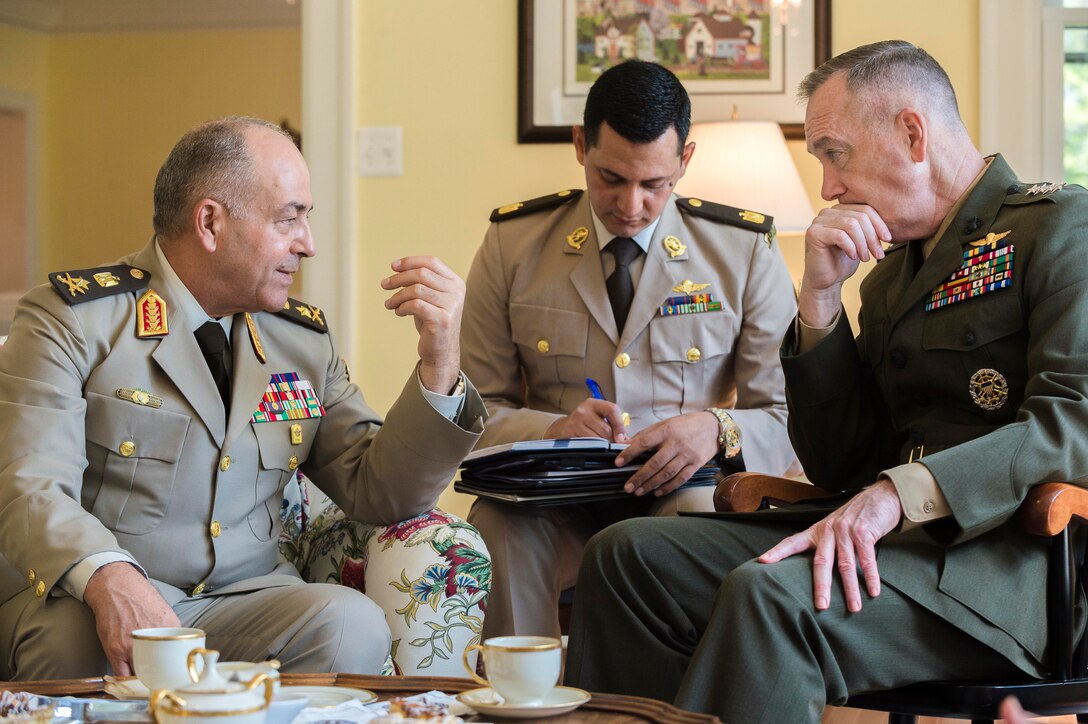 Marine Corps Gen. Joe Dunford, right, chairman of the Joint Chiefs of Staff, and Lt. Gen. Mahmoud Hegazy, chief of staff of Egypt's armed forces, talk at the chairman's residence at Joint Base Myer-Henderson Hall, Va., May 26, 2016. DoD photo by Army Staff Sgt. Sean K. Harp