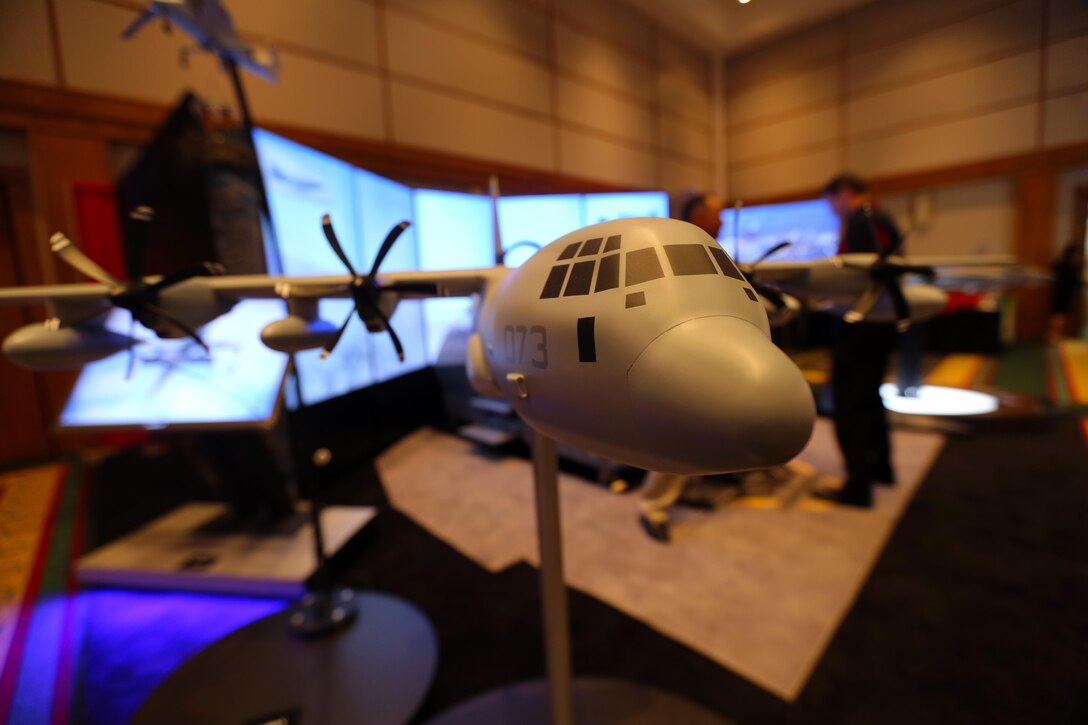 A model of the KC-130J Super Hercules is displayed during the 45th Annual Marine Corps Aviation Association Symposium and Marine Aviation Summit at New Bern, N.C., May 17, 2016. Hundreds of naval aviators gathered at the convention center for the opening brief to the weeklong event. Senior leaders gathered to discuss the future of Marine Corps aviation and the steps the Corps is taking to reach its set goals. (U.S. Marine Corps photo by Cpl. N.W. Huertas/Released)