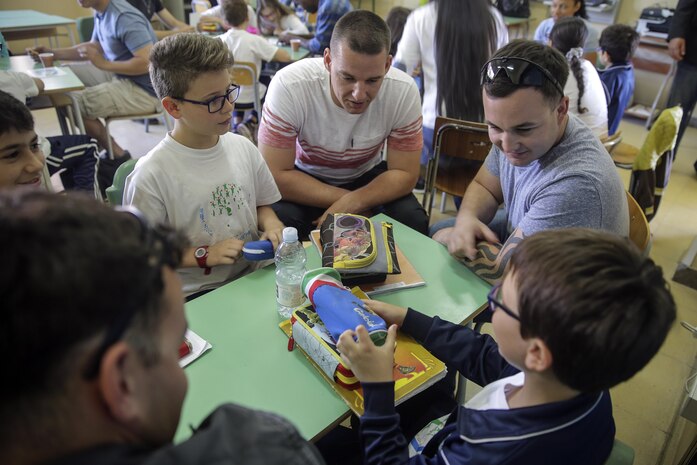 Marines with Special Purpose Marine-Air Ground Task Force Crisis Response-Africa, help local students practice their English at 3rd Circolo Didattico ‘’Giovanni Paolo II’’ Gravina Di Catania, Italy, May 18, 2016. The Marines and sailors interacted with the children, going over some English for an upcoming test, as well as creating and participating in games during the children’s recess period. (U.S. Marine Corps photo by Cpl. Alexander Mitchell/released)