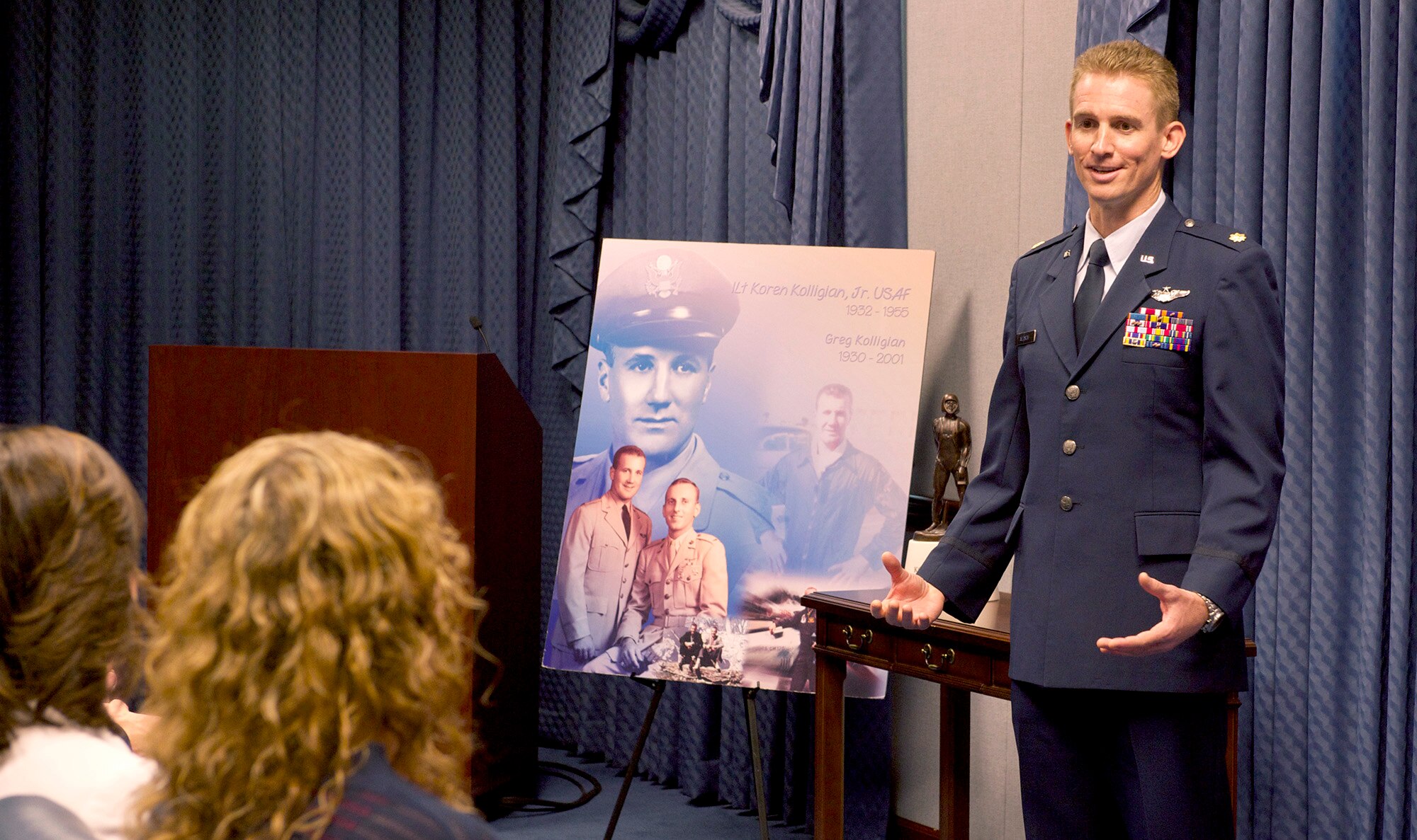 Maj. Jack Nelson is honored during a ceremony at the Pentagon in Washington, D.C., May 25, 2016. Nelson, from the 9th Reconnaissance Wing at Osan Air Base, South Korea, is the recipient of the 2015 Koren Kolligian Jr. Trophy for outstanding airmanship by an aircrew member who, by using extraordinary skills, averted or minimized the seriousness of an aircraft accident. (U.S. Air Force photo/Andy Morataya)