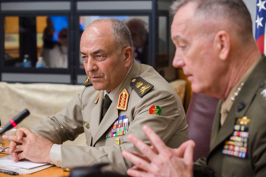 Marine Corps Gen. Joe Dunford, right, chairman of the Joint Chiefs of Staff, and Lt. Gen. Mahmoud Hegazy, chief of staff of Egypt's armed forces, discuss military issues at the Pentagon, May 26, 2016. DoD photo by Army Staff Sgt. Sean K. Harp