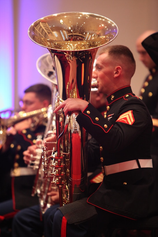 Cpl. Brian J. Koons plays a tuba during the Salute to the Troops event in Garner, N.C., May 22, 2016. Comprised of more than 40 Marines, the 2nd MAW band strives to share the Marine Corps’ traditions, values and esprit de corps with the local community. The band also supports local military units and squadrons by performing for change of command ceremonies, retirements, and other military events. Koons is a Tuba player with the 2nd MAW Band. 
