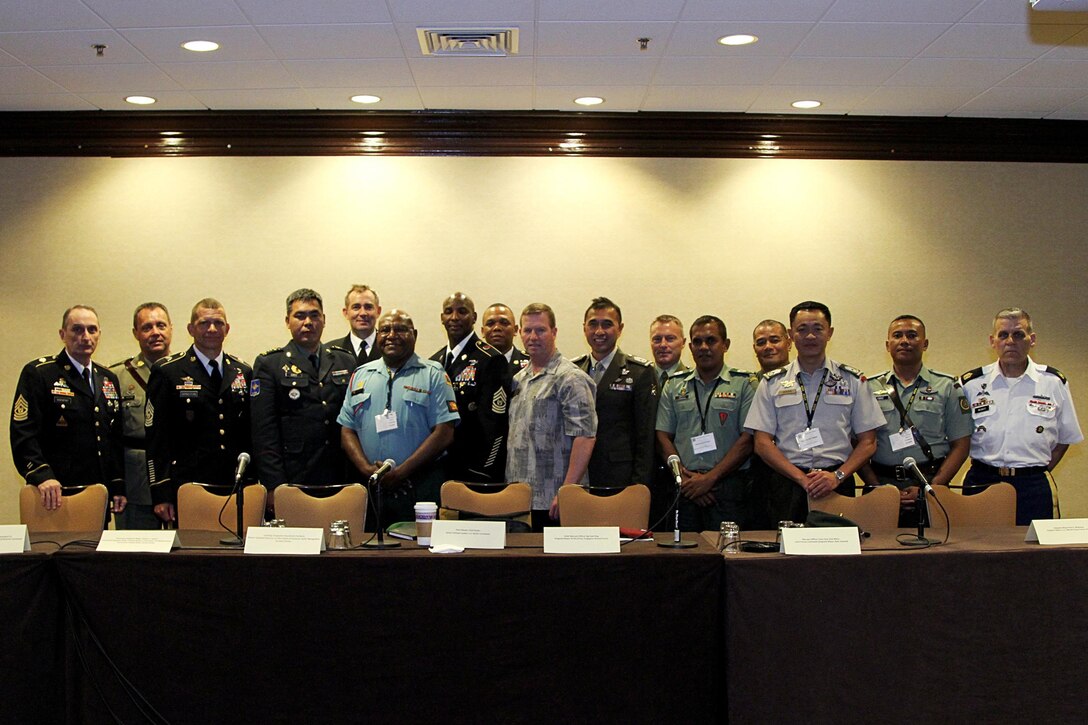 Senior enlisted advisors from the United States and various Indo-Asia-Pacific nations pose for a photo at the second annual senior enlisted leaders’ forum held in conjunction with the fourth annual Land Power in the Pacific Symposium and Exhibition in Honolulu, May 24, 2016. Army photo by Staff Sgt. Kyle J. Richardson