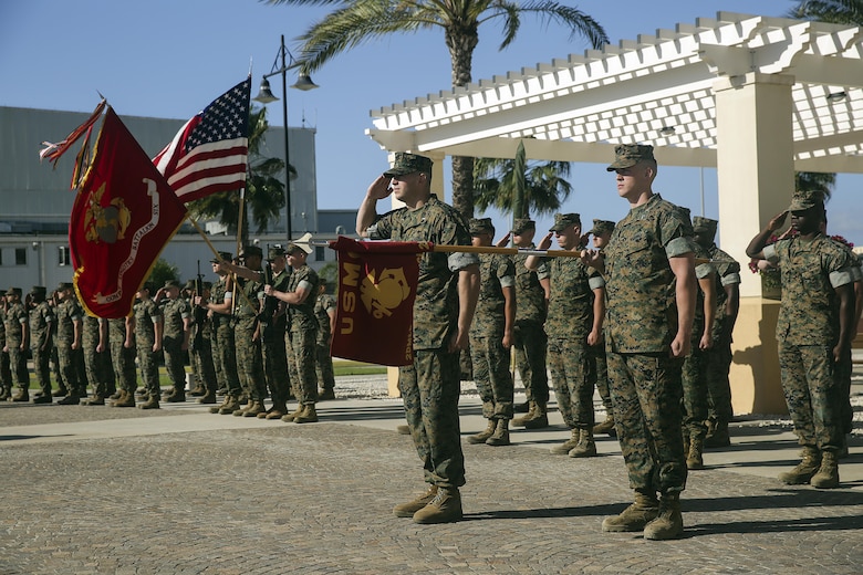 Marines with Combat Logistics Battalion 2, and Combat Logistics Battalion 6 render salutes for colors before a transfer of authority at Naval Air Station Sigonella, Italy on April 25, 2016.  Lt. Col. Matthew Hakola, the Commanding Officer for CLB-6, transfers authority of Special Purpose Marine Air-Ground Task Force Crisis Response-Africa Logistics Combat Element to Lt. Col. Randall Jones, the Commanding Officer of CLB-2.  (U.S. Marine Corps photo by Cpl. Alexander Mitchell/released)