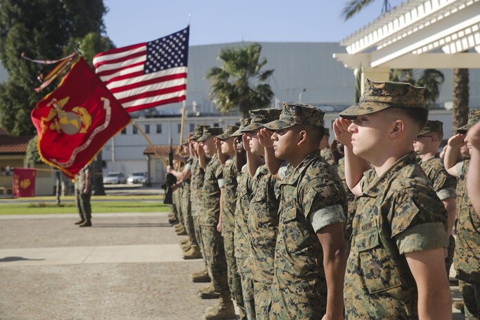 Marines with Combat Logistics Battalion 2, and Combat Logistics Battalion 6 render salutes for colors before a transfer of authority at Naval Air Station Sigonella, Italy on April 25, 2016.  Lt. Col. Matthew Hakola, the Commanding Officer for CLB-6, transfers authority of Special Purpose Marine Air-Ground Task Force Crisis Response-Africa Logistics Combat Element to Lt. Col. Randall Jones, the Commanding Officer of CLB-2.  (U.S. Marine Corps photo by Cpl. Alexander Mitchell/released)