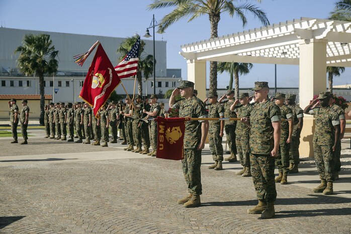 Marines with Combat Logistics Battalion 2, and Combat Logistics Battalion 6 render salutes for colors before a transfer of authority at Naval Air Station Sigonella, Italy on April 25, 2016.  Lt. Col. Matthew Hakola, the Commanding Officer for CLB-6, transfers authority of Special Purpose Marine Air-Ground Task Force Crisis Response-Africa Logistics Combat Element to Lt. Col. Randall Jones, the Commanding Officer of CLB-2.  (U.S. Marine Corps photo by Cpl. Alexander Mitchell/released)