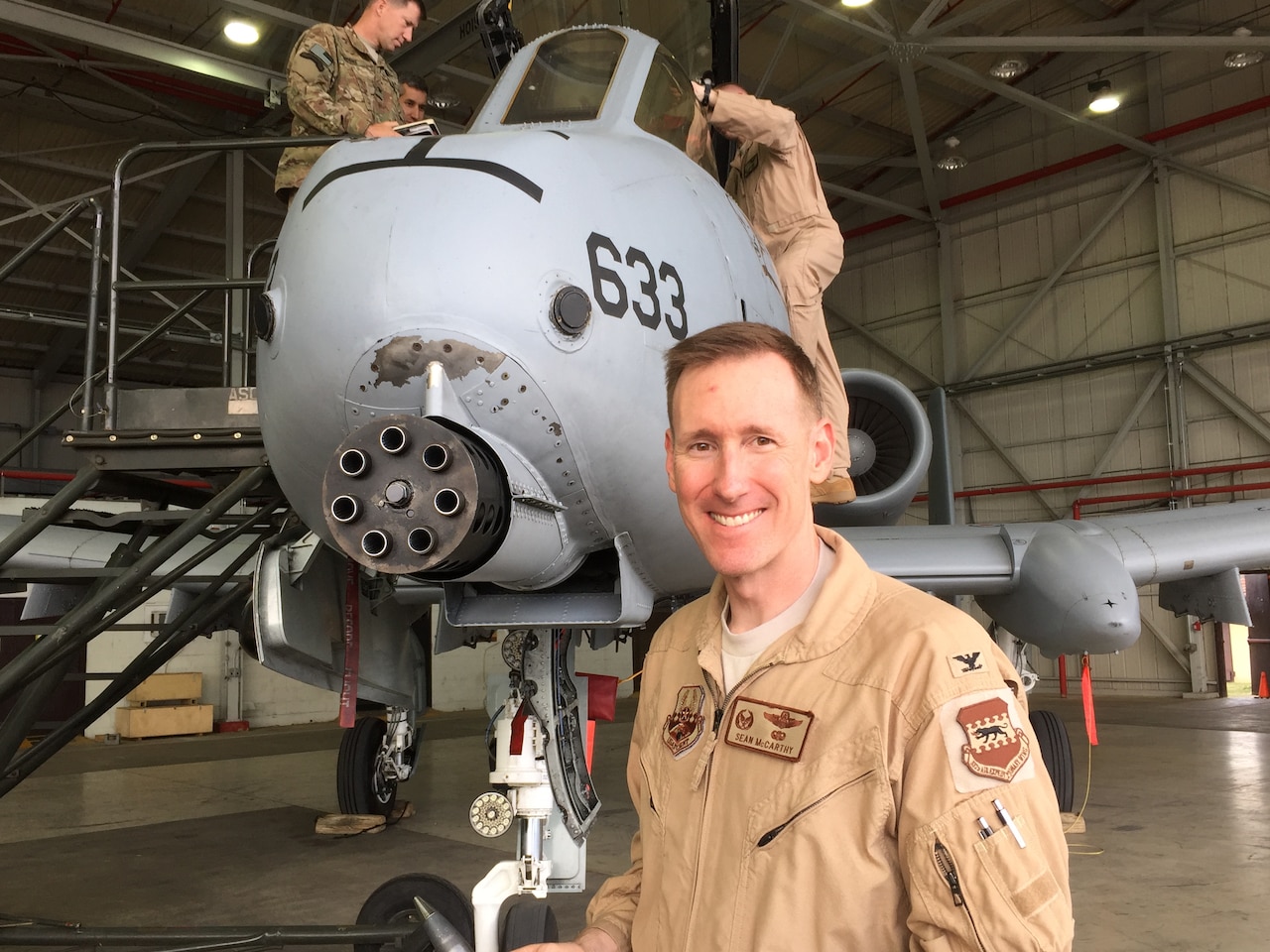 Air Force Col. Sean McCarthy, 447th Air Expeditionary Group Commander stands in front of one of the A-10 Thunderbolt II attack aircraft under his command at Incirlik Air Base in southeastern Turkey, May 23, 2016. DoD photo by Cheryl Pellerin