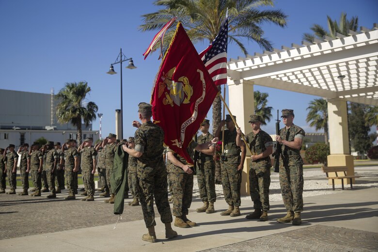 Lt. Col. Randall Jones, the Commanding Officer for Combat Logistics Battalion 2, and Sgt. Maj. Daniel Wilson, the Sergeant Major for CLB-2, uncase the battalion’s colors during the transfer of authority ceremony for Special Purpose Marine Air-Ground Task Force Crisis Response-Africa Logistics Combat Element on April 25, 2016 at Naval Air Station Sigonella, Italy.  SPMAGTF-CR-AF LCE provides logistical support to the entire SPMAGTF enabling the protection of U.S. personnel, property and interests in Europe and Africa.   (U.S. Marine Corps photo by Cpl. Alexander Mitchell/released)