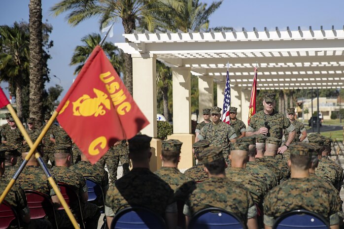 Maj. Gen. Niel Nelson, the Commander of Marine Corps Forces Europe and Africa, speaks to Marines and sailors of Combat Logistics Battalion 2 after the transfer of authority ceremony on April 25, 2016, at Naval Air Station Sigonella, Italy.  Lt. Col. Matthew Hakola, the Commanding Officer for CLB-6, transferred authority of Special Purpose Marine Air-Ground Task Force Crisis Response-Africa Logistics Combat Element to Lt. Col. Randall Jones, the Commanding Officer of CLB-2.  (U.S. Marine Corps photo by Cpl. Alexander Mitchell/released)