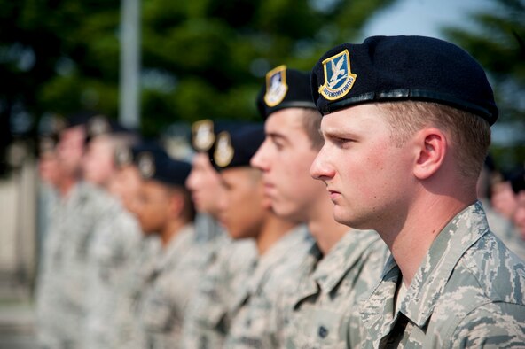 Airmen from the 51st Security Forces Squadron stand in formation during a National Police Week retreat at Osan Air Base, South Korea, May 19, 2016. The 51st SFS and 5th Field Investigation Squadron Office of Special Investigations remembered fallen security forces members and special agents. National Police Week pays special recognition to law enforcement members who lost their lives in the line of duty. (U.S. Air force photo/Staff Sgt. Jonathan Steffen)