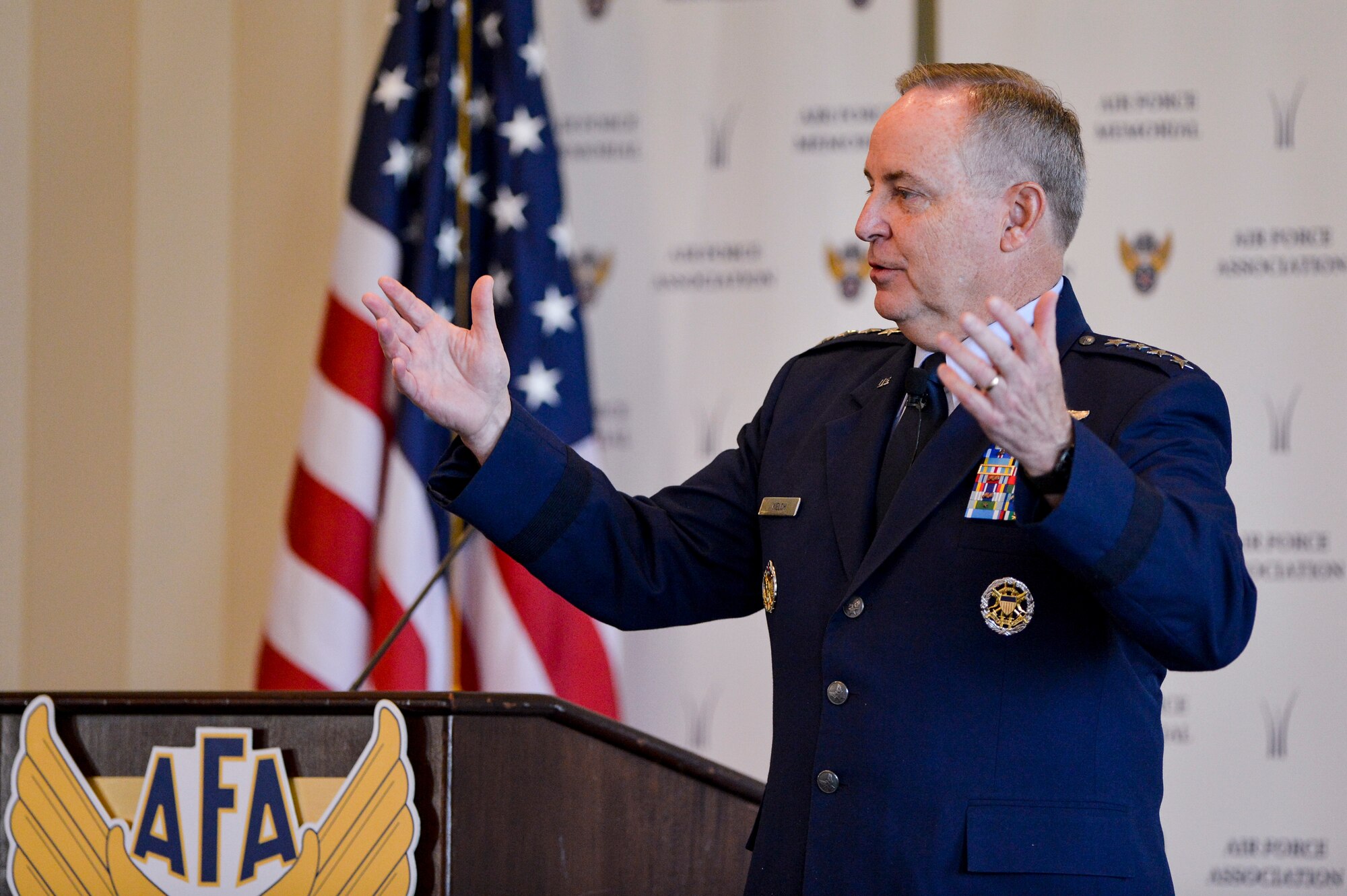 Air Force Chief of Staff Gen. Mark A. Welsh III addresses the audience during his speech at the Air Force Association’s monthly Breakfast Series in Arlington, Va., May 26, 2016. The Air Force Association's Breakfast Series brings together industry partners, the international attaché corps, and both military and civilian leadership for informative briefings on a monthly basis for updates on relevant current initiatives. (U.S. Air Force photo/Tech. Sgt. Joshua L. DeMotts)