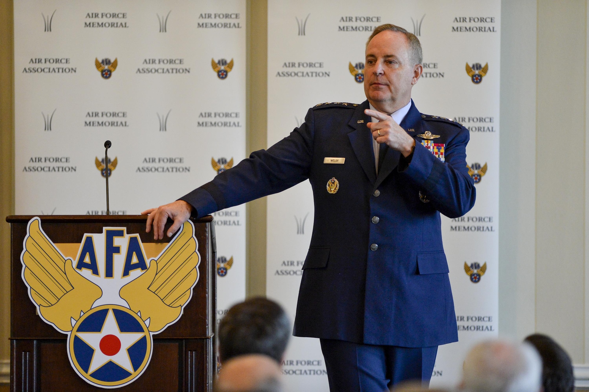 Air Force Chief of Staff Gen. Mark A. Welsh III addresses the audience during his speech at the Air Force Association’s monthly Breakfast Series in Arlington, Va., May 26, 2016. The Air Force Association's Breakfast Series brings together industry partners, the international attaché corps, and both military and civilian leadership for informative briefings on a monthly basis for updates on relevant current initiatives. (U.S. Air Force photo/Tech. Sgt. Joshua L. DeMotts)