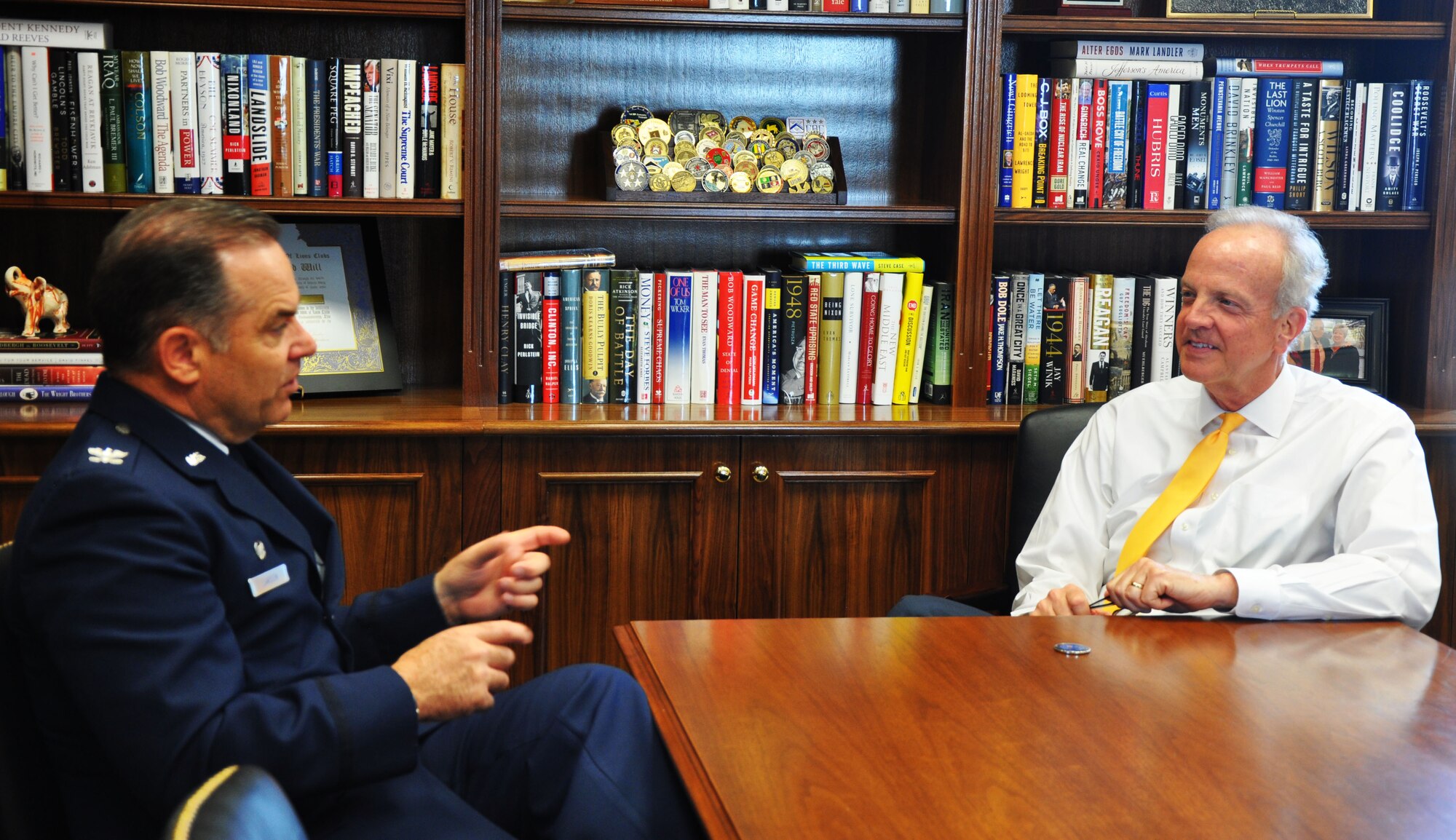 (Left to right) Col. Mark S. Larson, 931st Air Refueling Wing commander, speaks with Sen. Jerry Moran, as part of the Capitol Hill Visit Program, May 24, 2016, Washington, D.C.  The CHV is a program through which commanders of the Air Force units visit with congressional members to discuss issues that affect Airmen.  (U.S. Air Force photo by Tech. Sgt. Abigail Klein)