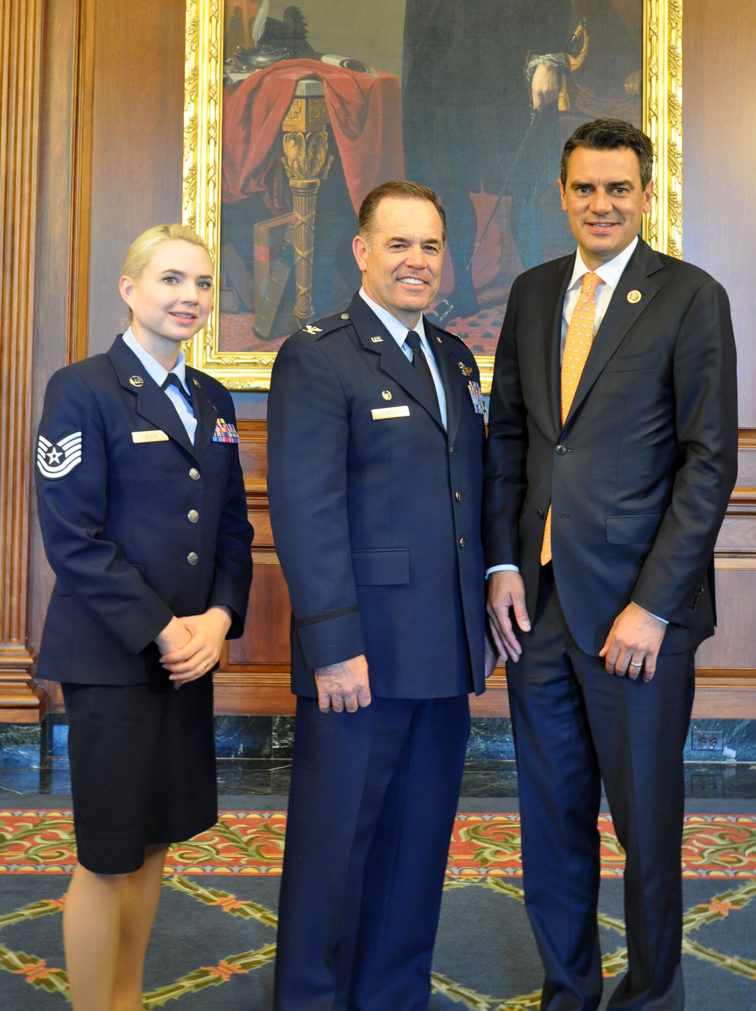 (Left to right) Tech. Sgt. Abigail Klein, 931st Air Refueling Wing Public Affairs NCOIC, Col. Mark S. Larson, 931 ARG commander, and Congressman Kevin Yoder, pose for a photo, May 24, 2016, Washington, D.C.  Larson participated in the Commander's Capitol Hill Visit Program, where commanders of Air Force units visit with congressional members to discuss issues that affect Airmen. (U.S. Air Force photo by Lt. Col. Paul Delano)