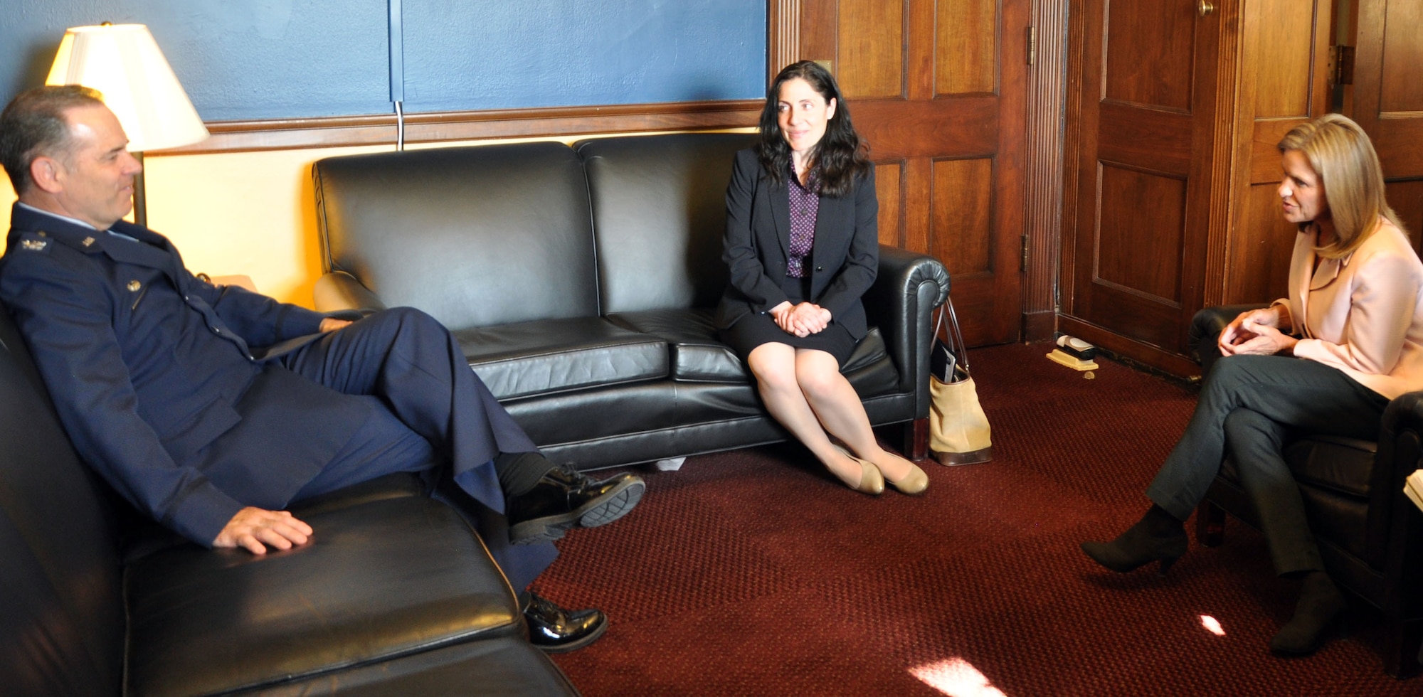 (Left to right)  Col. Mark S. Larson, 931st Air Refueling Group commander, Maj.Gina M. Pizziconi-Cupples, Individual Mobilization Augmentee to the Director, Policy Integration, and Congresswoman Lynn Jenkins, speak during a visit as part of the Capitol Hill Visit Program, May 24, 2016, Washington, D.C.  Larson participated in the Commander's CHV, a program through which commanders of Air Force units visit with congressional members to discuss issues that affect Airmen. (U.S. Air Force photo by Lt. Col. Paul Delano)