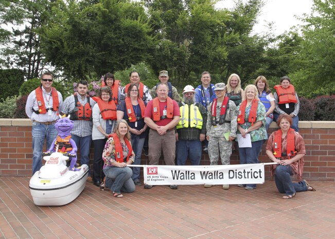 Employees with the U.S. Army Corps of Engineers, Walla Walla District, show their support for the North American Safe Boating Campaign ‘Wear your lifejacket to work,’ on May 20, 2016. Statistics show that 89 percent of those who drown at USACE lakes and rivers were not wearing a life jacket. Life jackets should be your family’s closest companions as you enjoy the water this summer.
‘Wear your life jacket to work’ is designed to get people talking about boating safety and show that if you can wear it at work, it’s just as easy to pop it on when on the water to have a fun and safe time. Photo by Jennifer McFadden Allen