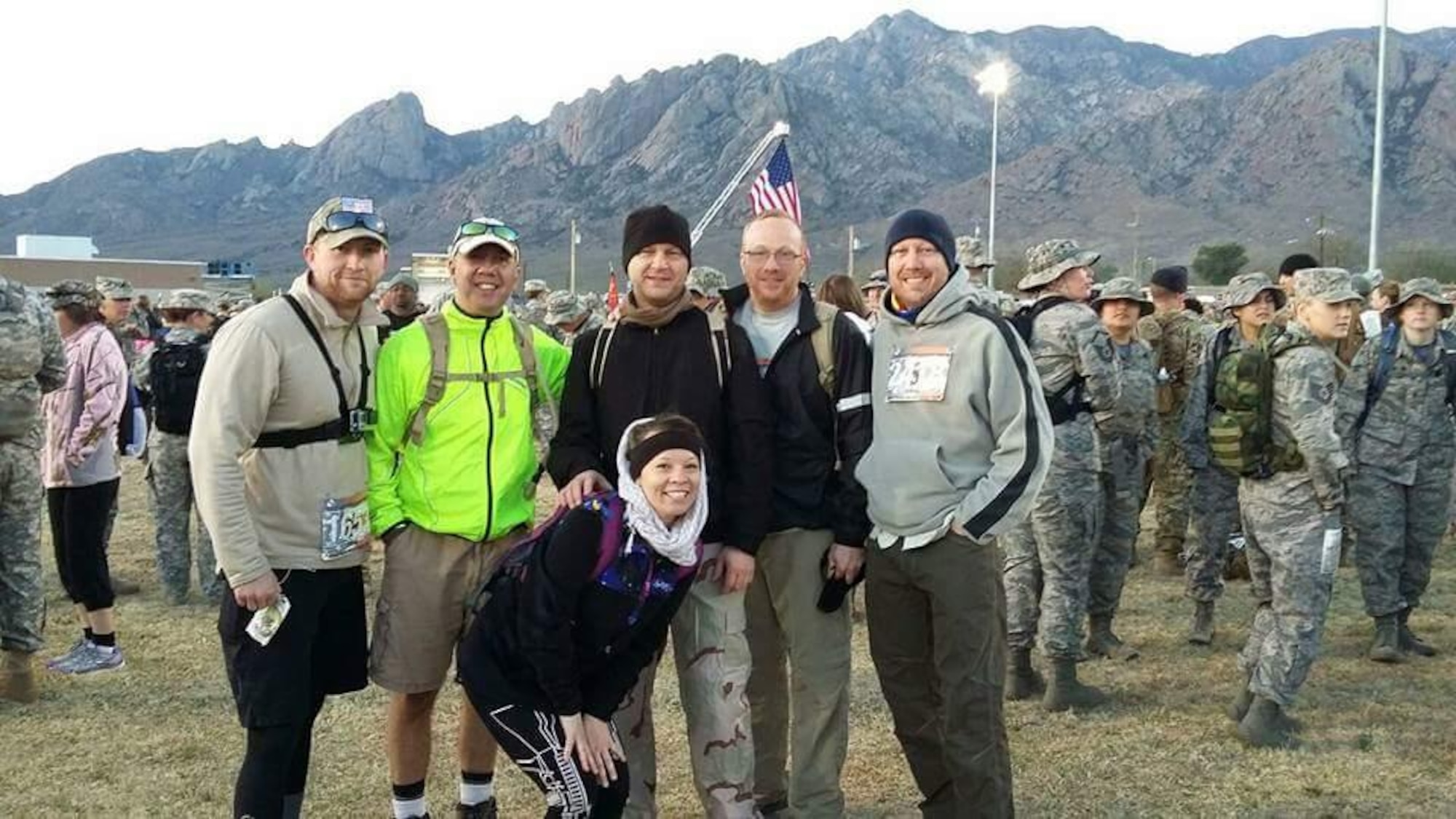 (From left, back row) 302nd Airlift Wing Reservists Tech. Sgt. Gregory Strauch, Senior Master Sgt. Augusto Goncalves, Senior Master Sgt. Tracey White, Senior Master Sgt. Daniel Douglas, Tech. Sgt. Douglas Lemp and (front) Senior Airman Charity Zalasar prepare for the Bataan Death March, March 20, 2016 at White Sands Missile Range, N.M. (Courtesy photo)